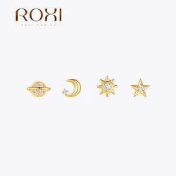 ROXI 925 Sterling Silver  celestial/Star/Moon/Sun Pierce Earring Set Women Daily Wear 4piece Simple Stud Earring Party Jewelry