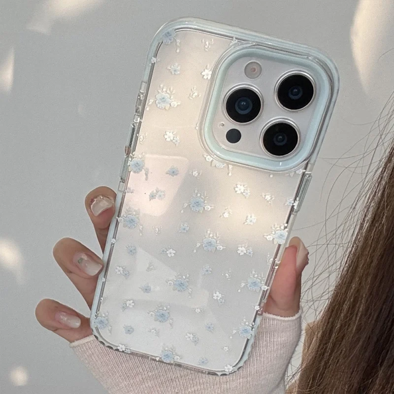 

Simple light white and blue floral phone case compatible with Apple16/15PROTransparentTPUShelliPhone14/13Cartoon