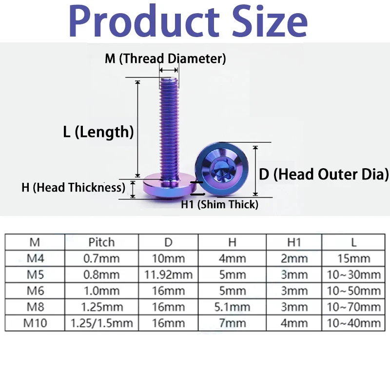 1pcs Truss Torx Head Screw Titanium Ti Bolt M4 M5 M6 M8 Length:10-60mm For Motorcycle,Bicycle Part Modification Fasteners