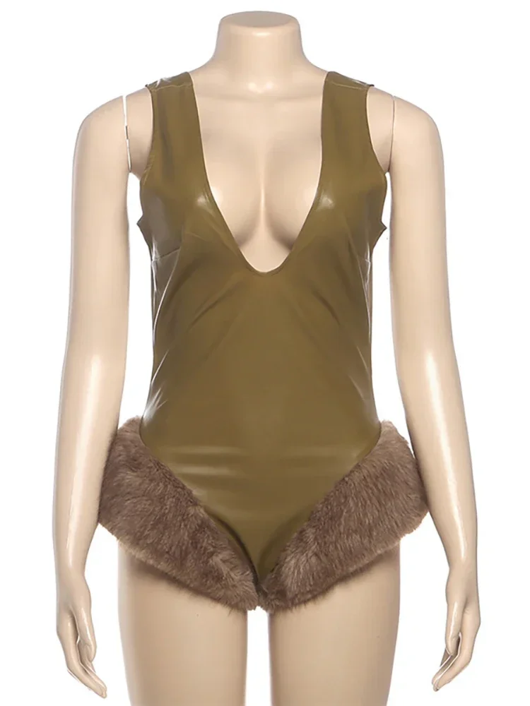 Chaxiaoa بولي Leather الجلود عارية الذراعين مثير ثوب فضفاض للنساء العميق الخامس الرقبة أكمام الفراء نادي الحفلات Playsuits السيدات المرقعة السروال القصير الإناث #6