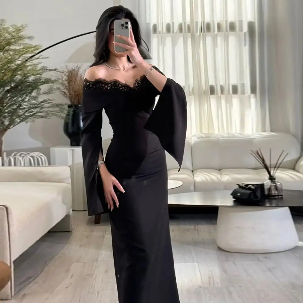 Beshinel Customized Black Off The Shoulder Lace Stitching Evening Dress Luxury Elegant Sexy Long Sleeves Wedding Party Gowns