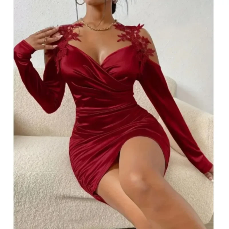 2025 mulheres sexy magro vestidos plissados encaixe design fino dobra simples recorte manga longa querida pescoço envoltório vestidos de festa