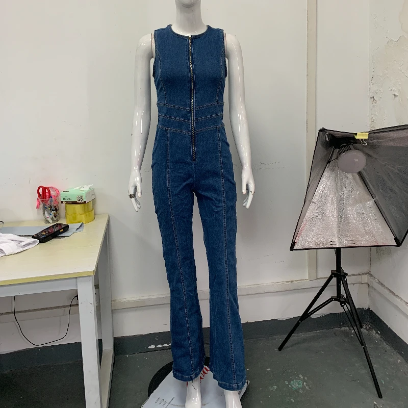 European and American women's slimming fashion sleeveless backless high waisted slightly flared denim jumpsuit wholesale summer