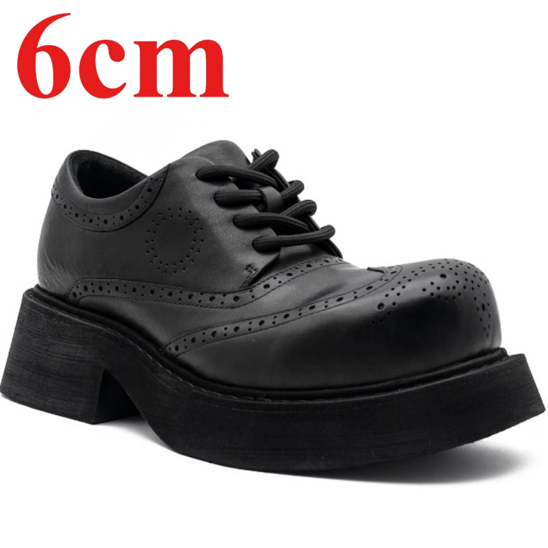 European/American Black/white Wide Version Derby Shoes Men's Genuine Leather Height Increasing Shoes Brock Carving Catwalk Shoes