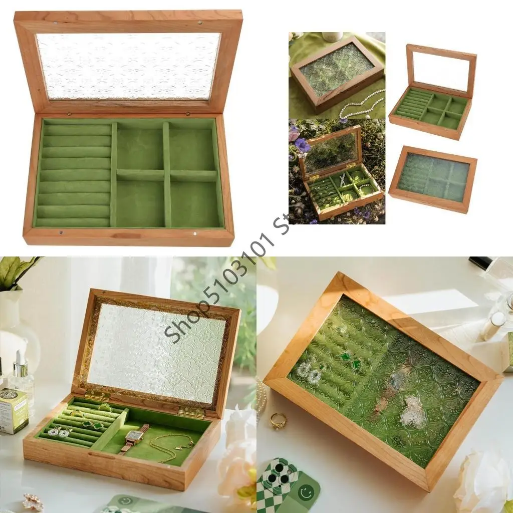 

X6HE Solid Jewelry Box Glass Dust-Proof Cover Jewelry Necklace Storage Cases Rings Earrings Display Wooden Box