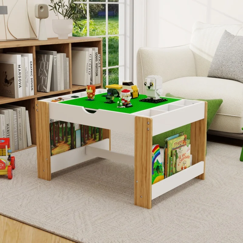 

Kids 2 in 1 Play Table with 7 Storage Compartments,Compatible with LEGO Building Block,Modern Activity Learning Table Game Fu