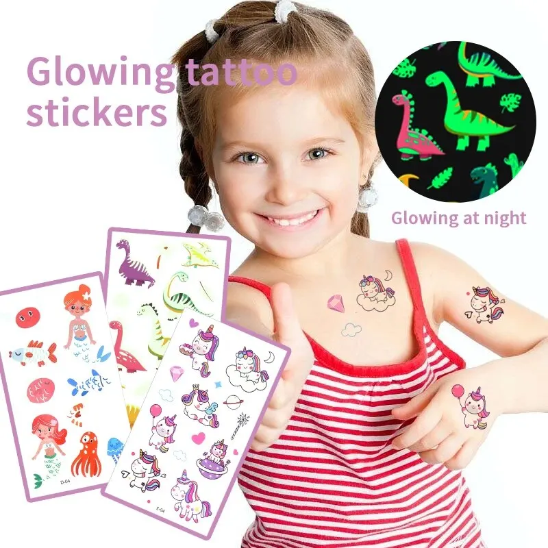 15 Sheets Carton Lumious Tatoo Kids Play Temporary Tatoo Sticker for Childrens Body Art Mermaid Sticker Glow Paste on Face Arm