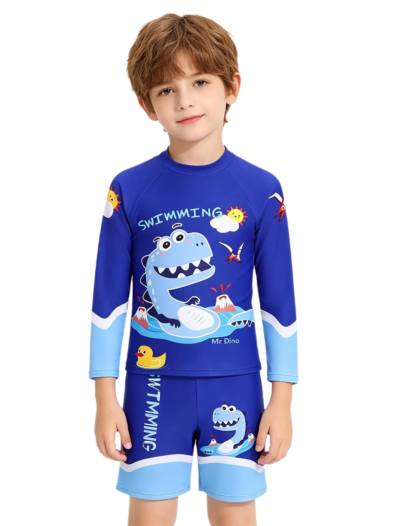 Youth Boys Two Piece Sun Protection Swimsuit Cartoon Long Sleeve Rash Guard with Shorts Stretchy Quick Dry for Beach Swimming