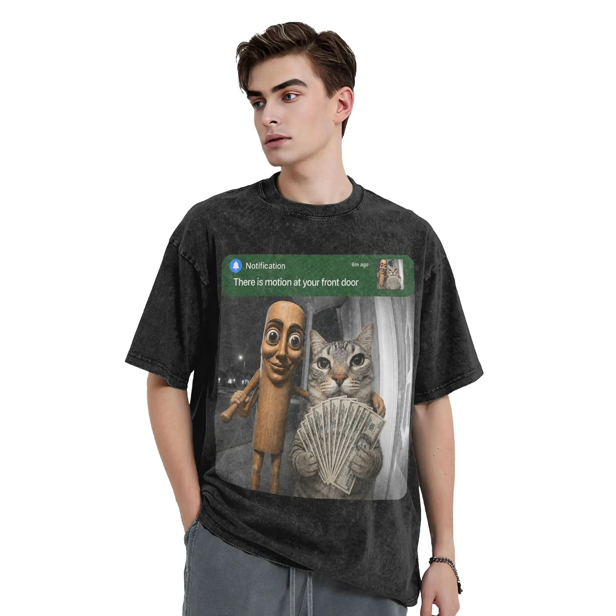 There is Motion at Your Front Door Tung Tung Tung Sahur Cat Washed T Shirts Streetwear T-Shirts Tee Shirt for Men Women Cotton