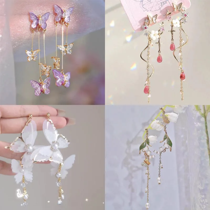 Pendientes de Clip con Forma de Mariposa y Flor Morada, Borla Larga, Cristal de Hada, Perla, Clips para Orejas Sin Perforación para Mujer, Boda, Fiesta
