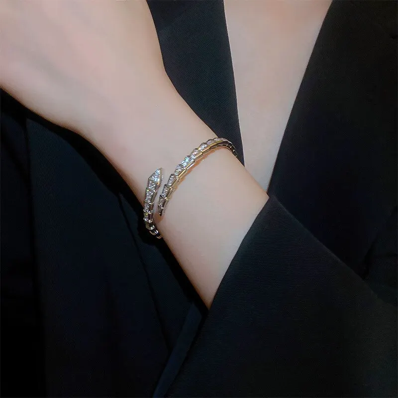 Classic Snake Cuff Bracelets For Women Simple Fashion Shiny Inlaid Zircon Bracelet&bangle Punk Animal Chunky Bangles Jewelry