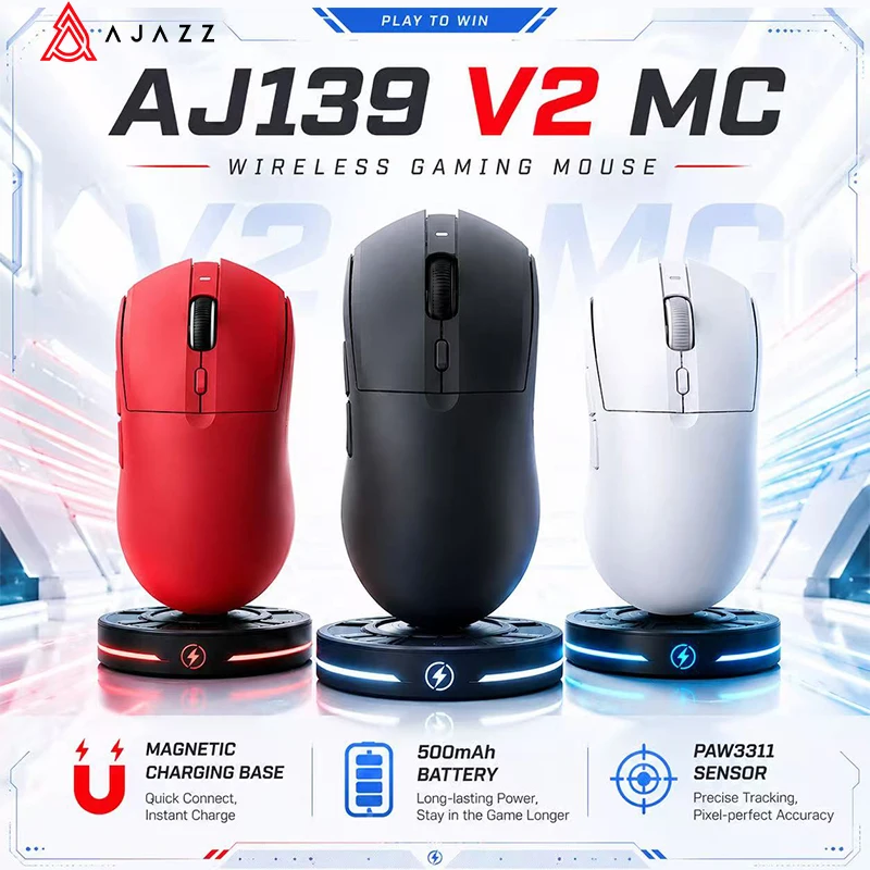 Mouse Gamer Sem Fio AJAZZ AJ139 V2 MC com Base de Carregamento Magnética RGB 24000DPI Bluetooth/Com Fio para PC Gamer PAW3311