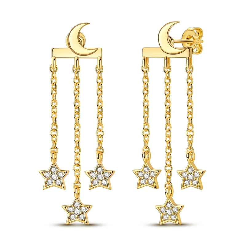 

925 Sterling Silver Earrings Women Sparkling Golden Star and Moon Tassel Stud Earring For Anniversary Wedding Jewelry Gifts