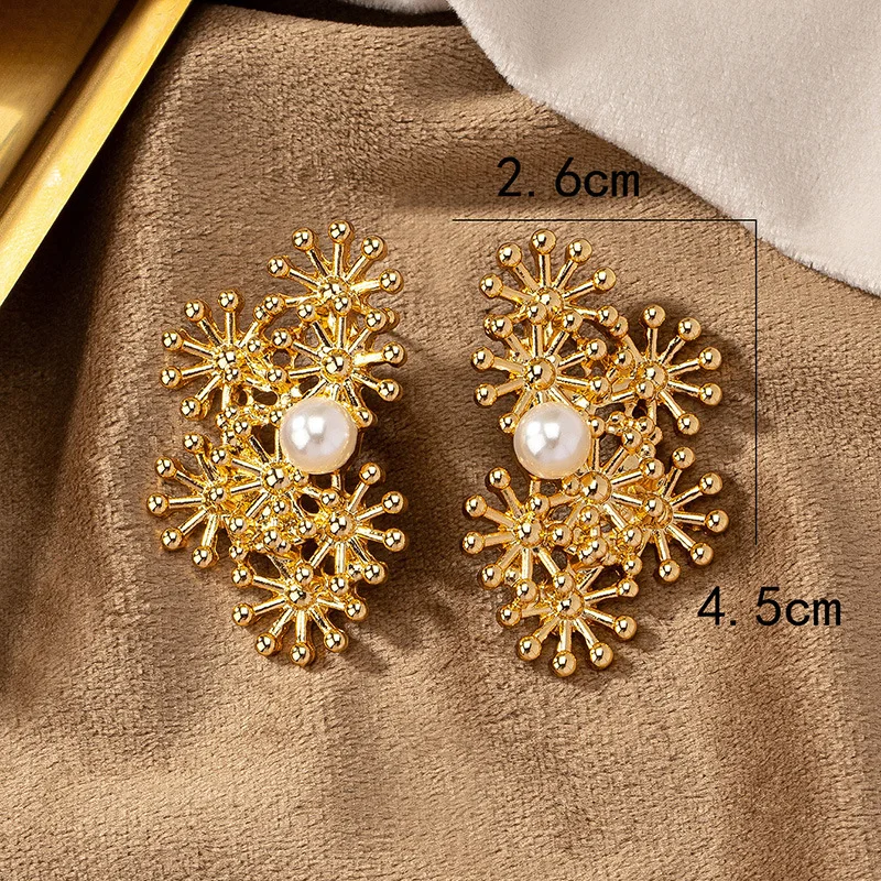 Personalized Niche Snowflake Design Earrings for Women Fashionable Temperament Splicing Piercing Inlaid with Pearls Jewellery