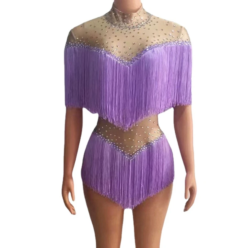 

Sparkly Rhinestones Fringes Leotard Sexy Dance Costume Tassel Bodysuit Performance Costume Stage Wear Nightclub Festival Outfit