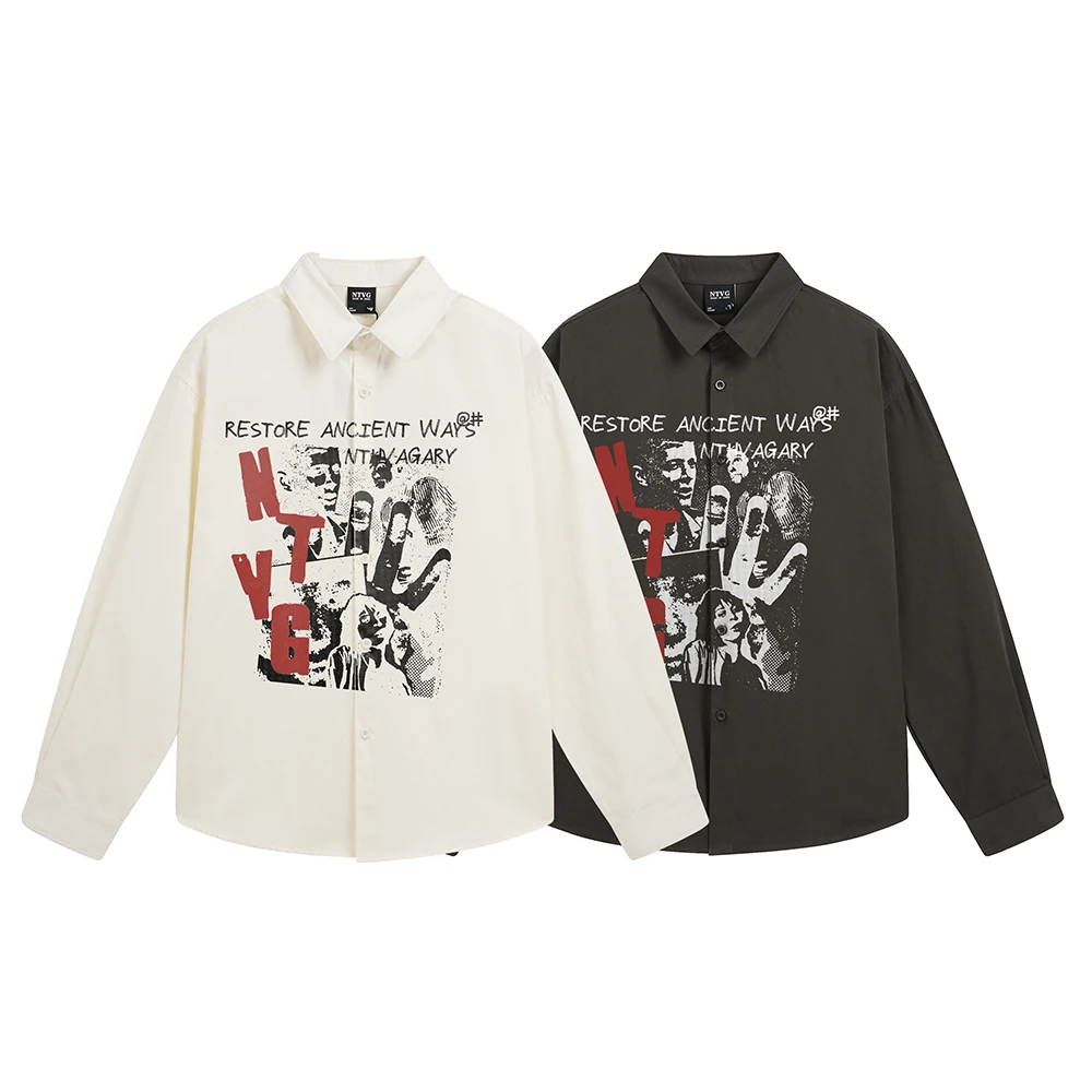 Punk Printed Men's Shirts Y2k Streetwear Designer Tops Oversized Long Sleeve Shirt For Man Korean Popular Clothes Japanese Style