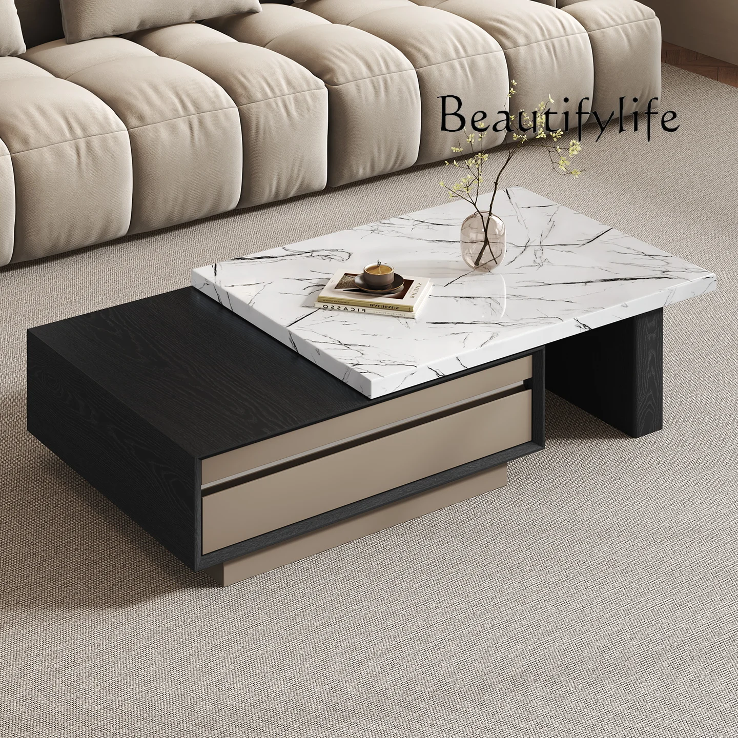Italian light luxury marble coffee table TV cabinet combination retractable small apartment home high sense