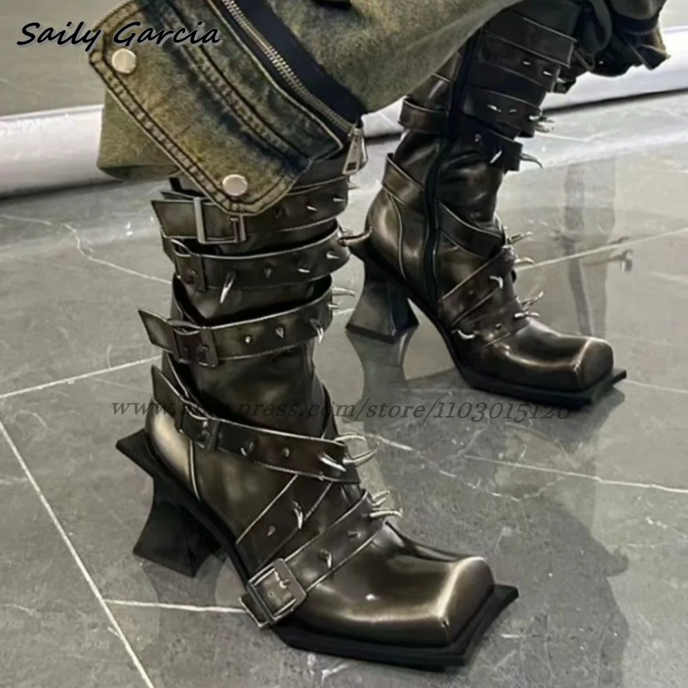 

Punk Style Belt Buckle Strap Side Zipper Strange Heel Motorcycle Boots Autumn NEW Heavy Metal Style Cool Girl Boots