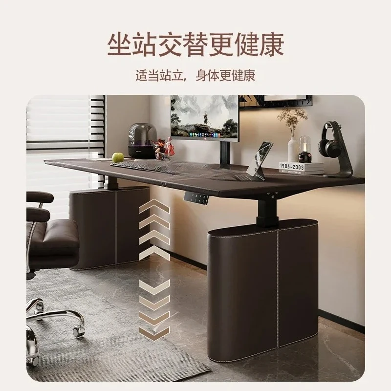 Leather surface light luxury computer desk worktable adjustable desk intelligent electric lifting table