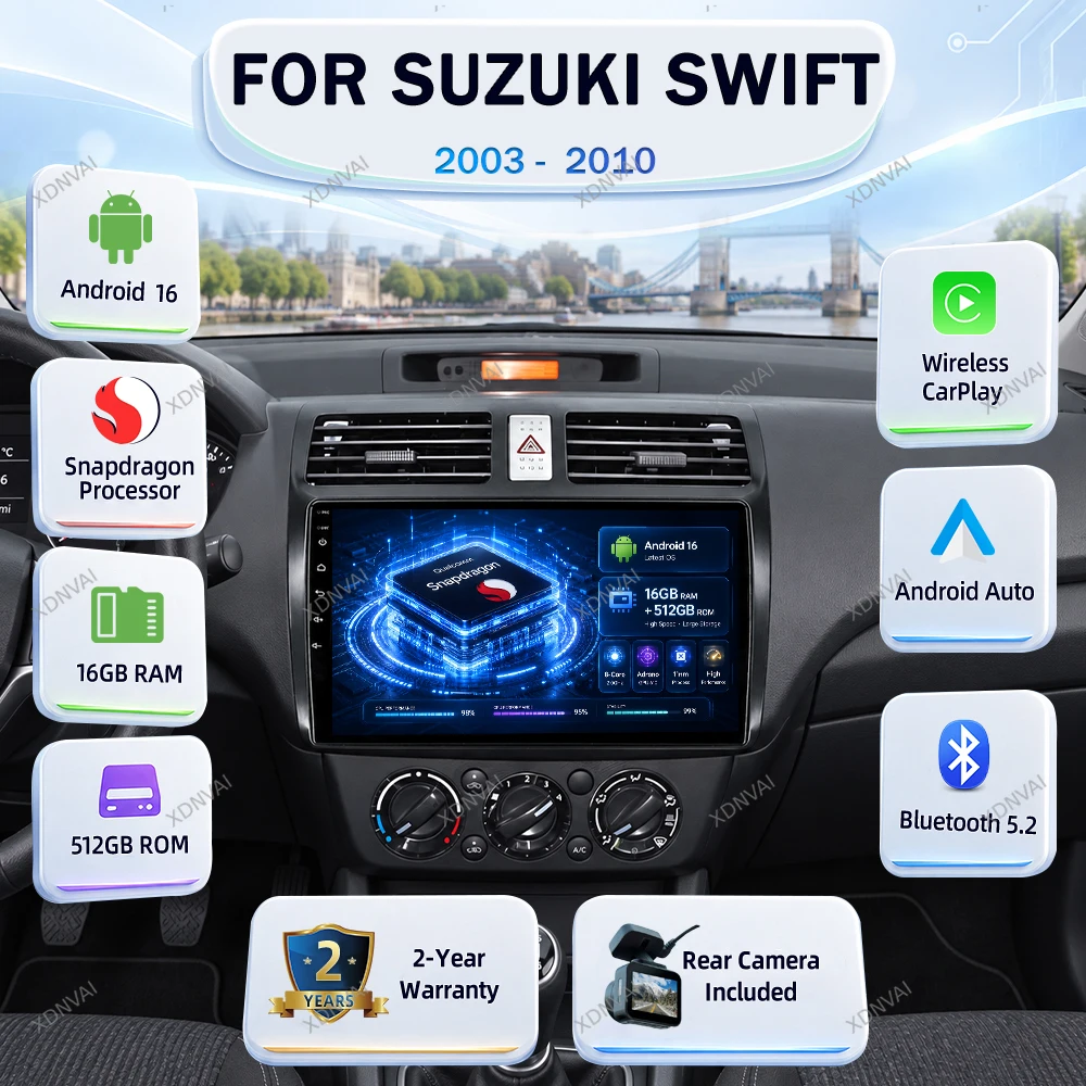 Android 16 Car Radio For Suzuki Swift 2003 - 2010 Multimedia Video Player Carplay Stereo 4G LTE GPS Audio Auto RDS Navigation BT
