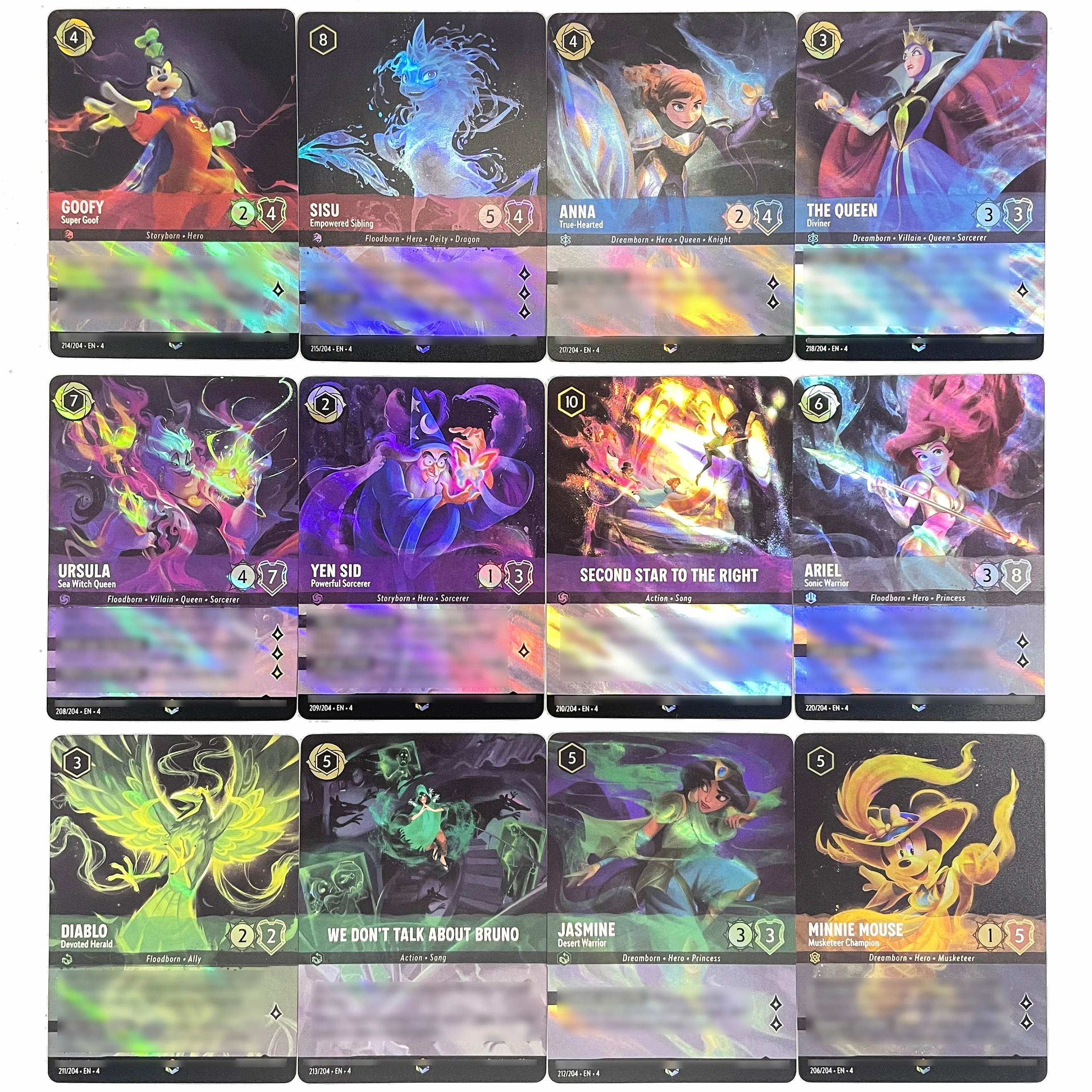 Lorcana Proxy الفصل 4 بطاقات عالية الجودة من رقائق المسحورة ميني مونسي سيسو جوفي أرييل TCG أرواق لعب النسخة الإنجليزية