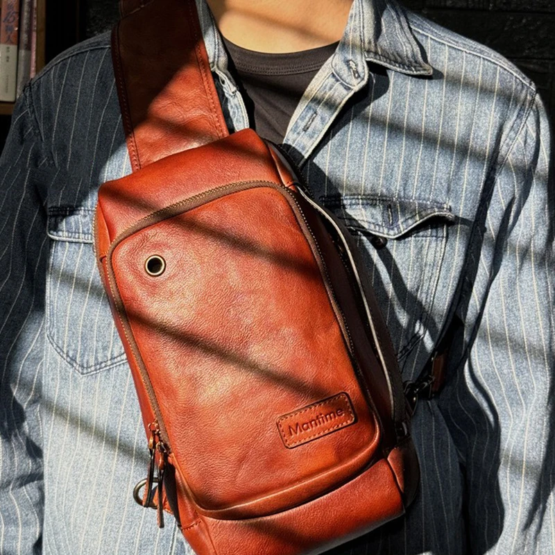 Retro handmade genuine leather chest bag casual crossbody bagtop layer vegetable tanned cowhide shoulder bagmotorcycle bag