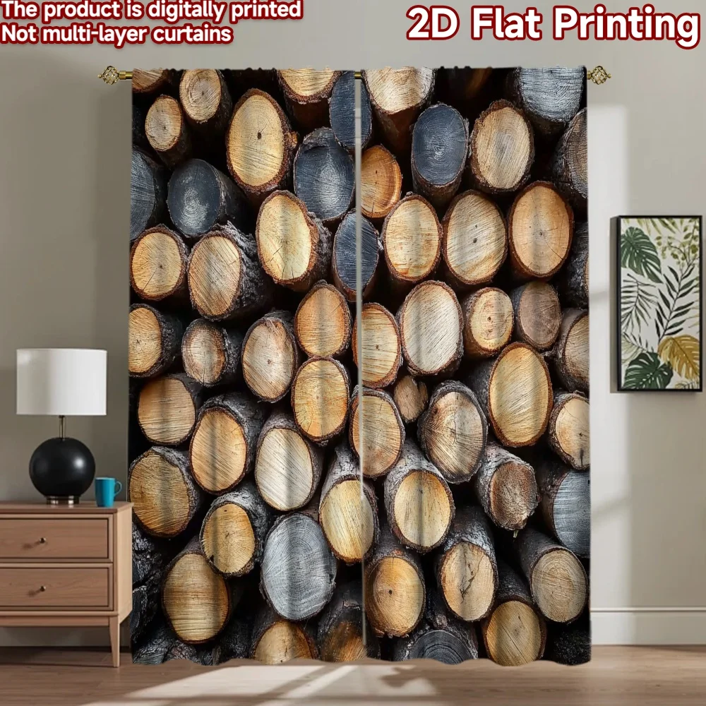 2D flat 2pcs Curtain Country Style Stacked Cut Tree Logs Digitally printed polyester, colorfast Festive Wall Decor for Holiday