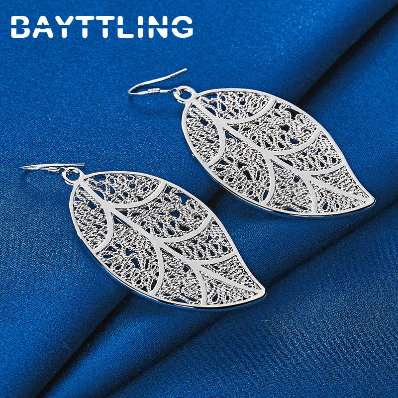 New 925 Sterling Silver Earrings Fashion 56MM Hollow Leaf Woman Drop Earrings Wedding Party Gift Jewelry Accessories