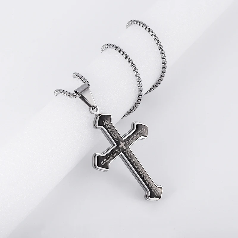 Fashion Punk Men's Stainless Steel Cross Pendant Christian Bible Psalm Necklace Amulet Jewelry Accessories