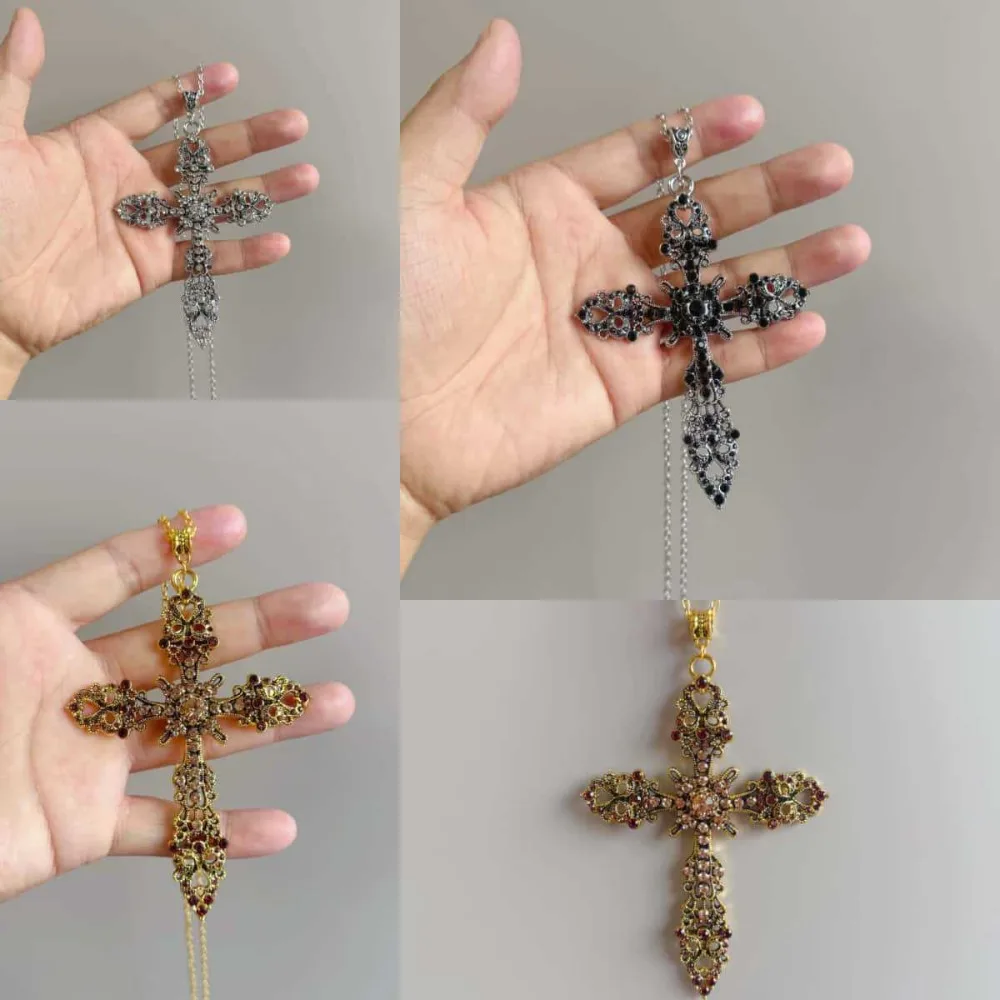 Exaggerated Punk Rhinestone Hollowed-out Cross Pendant 70cm Long Beaded Necklace for Men Women Hip-hop Personality Y2k Jewelry