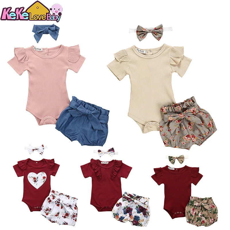 Summer Newborn Infant Baby Girl Clothes Set Cute Cotton Knitted Short Sleeve Tops Flower Pants Headband New Born Toddler Outfits