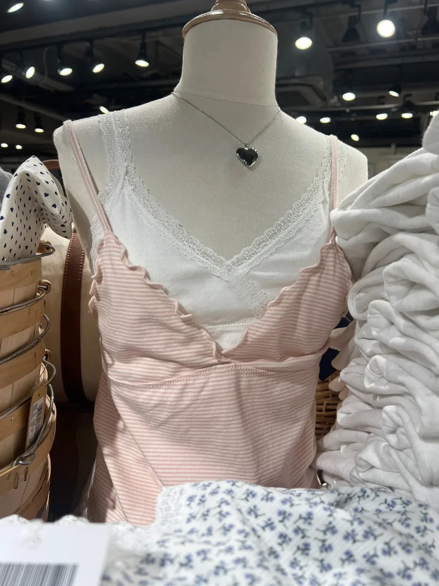 

New Ruffles Pink Striped Tank Tops Women Summer V-neck Sleevelss Slim Cropped Camisole Sweet Preppy Style Cotton Crop Top Y2k
