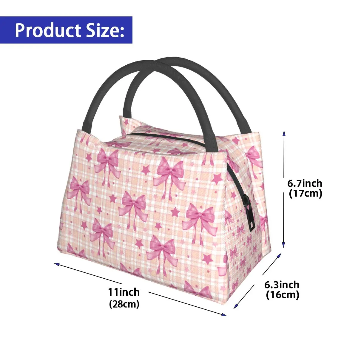 Pink Plaid, Bows And Stars Insulated Lunch Bag for Women Children Portable Food Boxes Thermal Lunch Box Tote