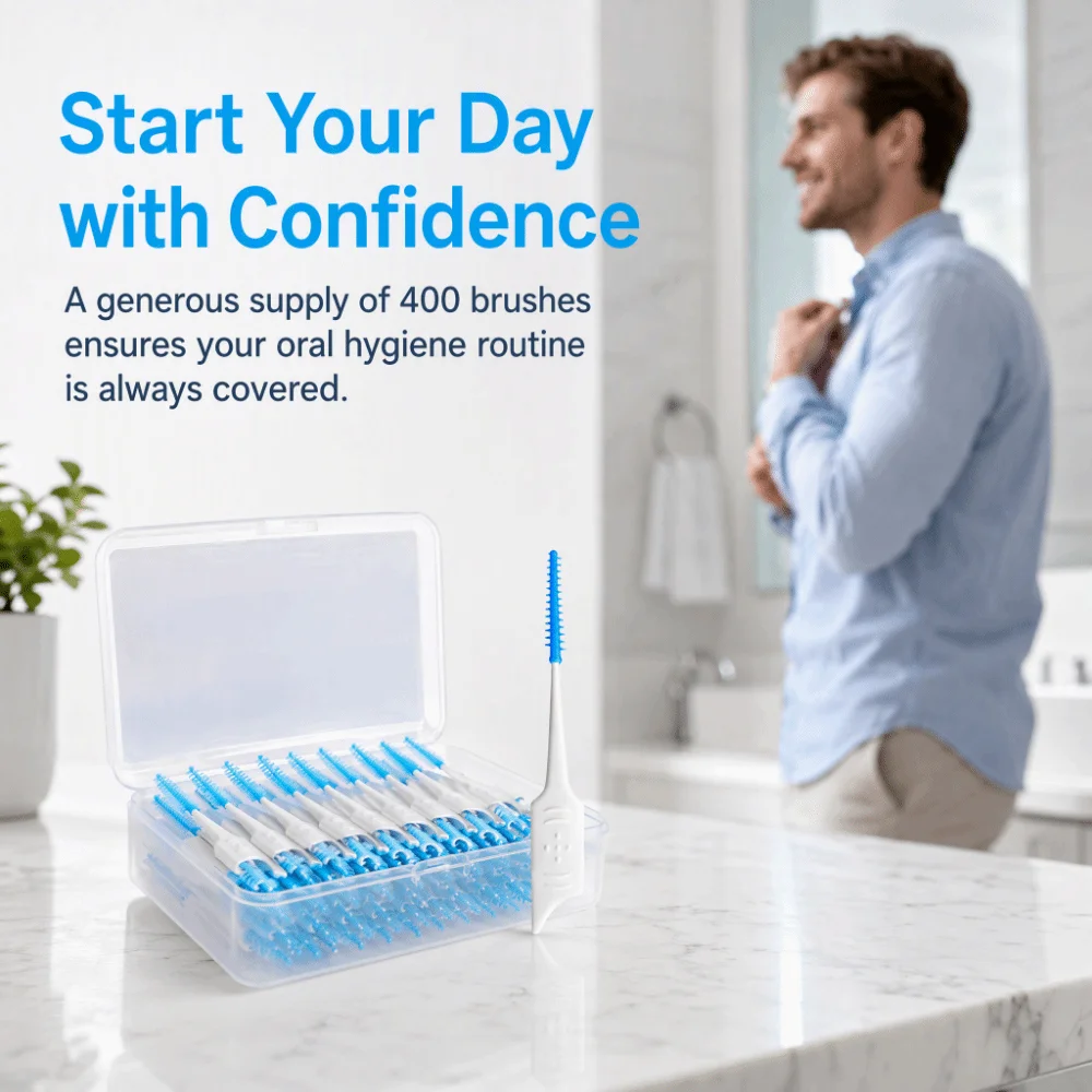 400PCS Soft TPR Interdental Brush Blue Non Slip Handle Silicone Dental Pick Spiral Bristle I Shaped Teeth Cleaning Tool