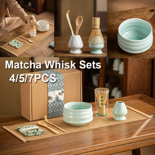 일본 거친 도자기 말차 세트, 안전한 대나무 거품기 티스푼 티 세트, 실내 음료 가게 차 만들기 도구 액세서리, 4 개, 5 개, 7 개 