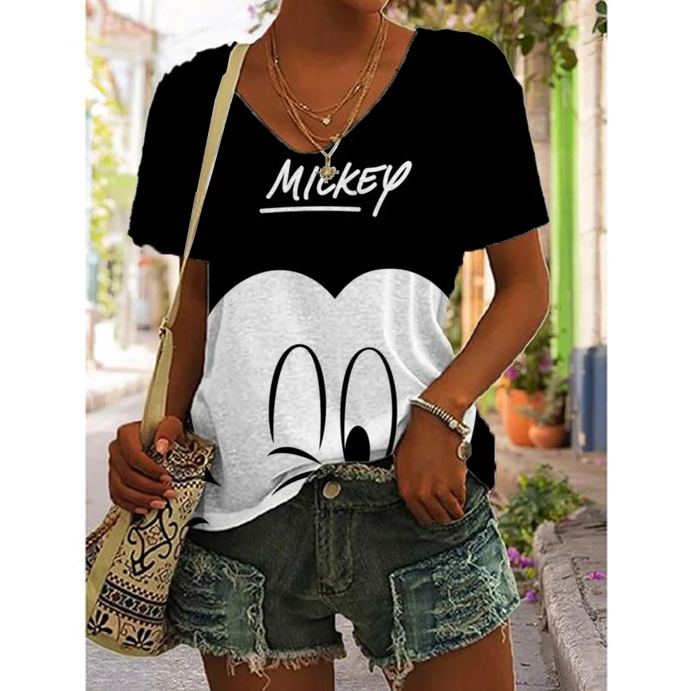 Simple Women\'s T-shirt Disney Mickey Mouse Print Tee Fashion V-neck Summer Loose Streetwear Female Clothes Casual Tshirt Ladies