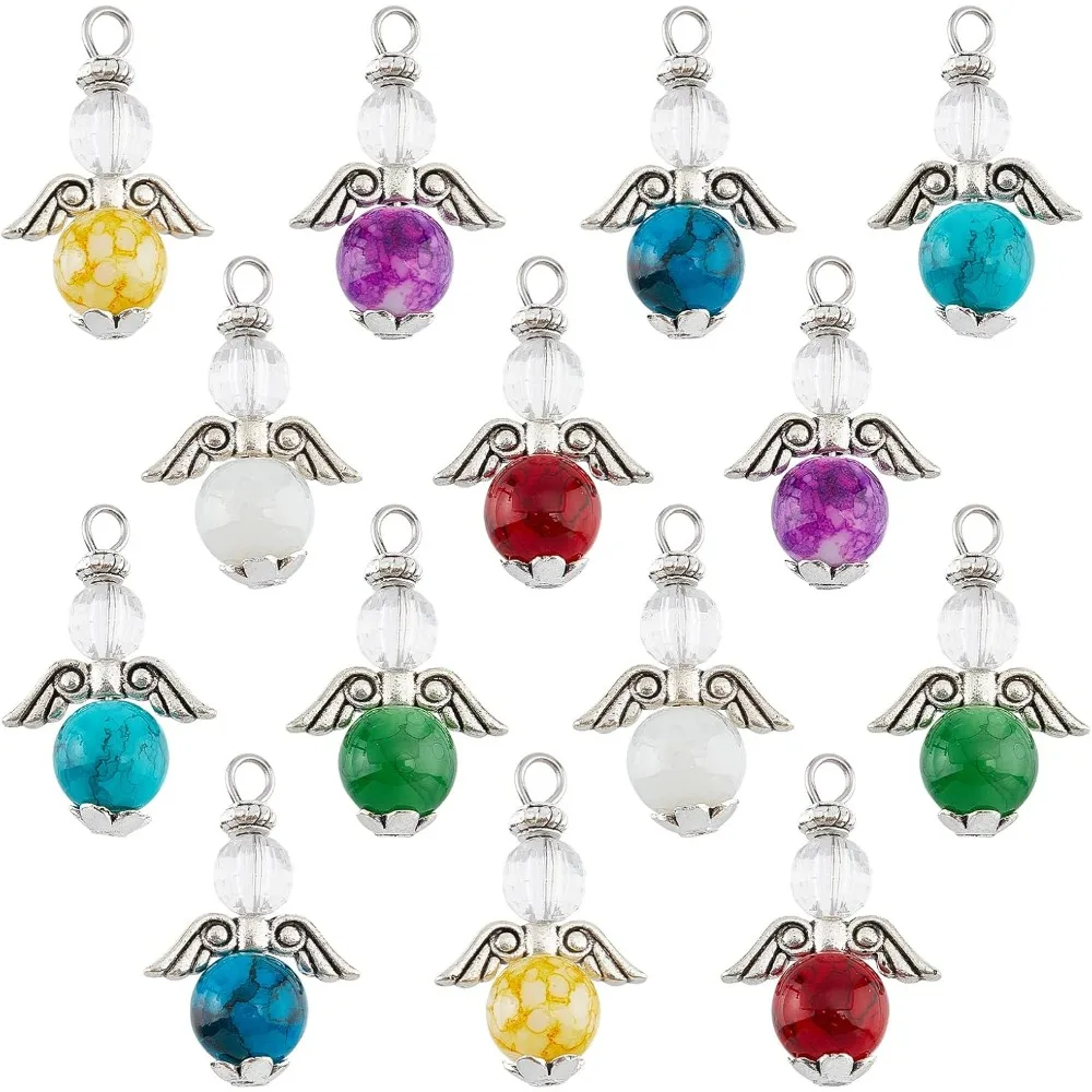 70 Pcs 7 Colors Angel Wing Pendant Beads Fairy Angel Charms Pendants Colorful Glass Pendants for Earring Necklace making kit