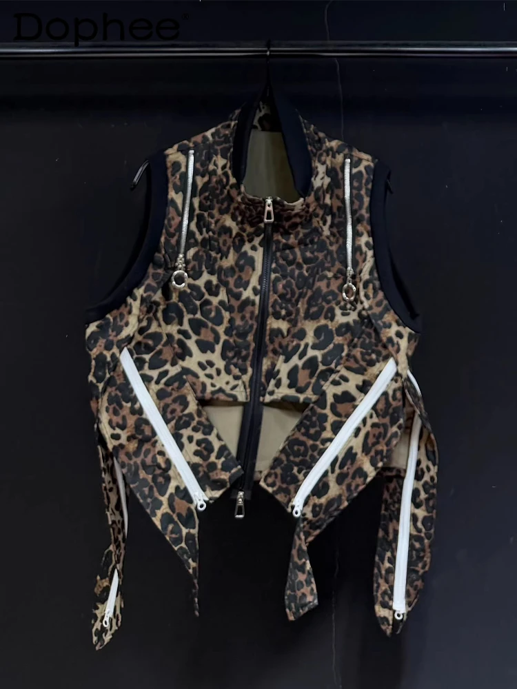 

Fashion Leopard Print Splicing Vests Men's Women's 2026 Summer New Loose Zipper Decoration Tank Tops Trendy Sleeveless Jacket