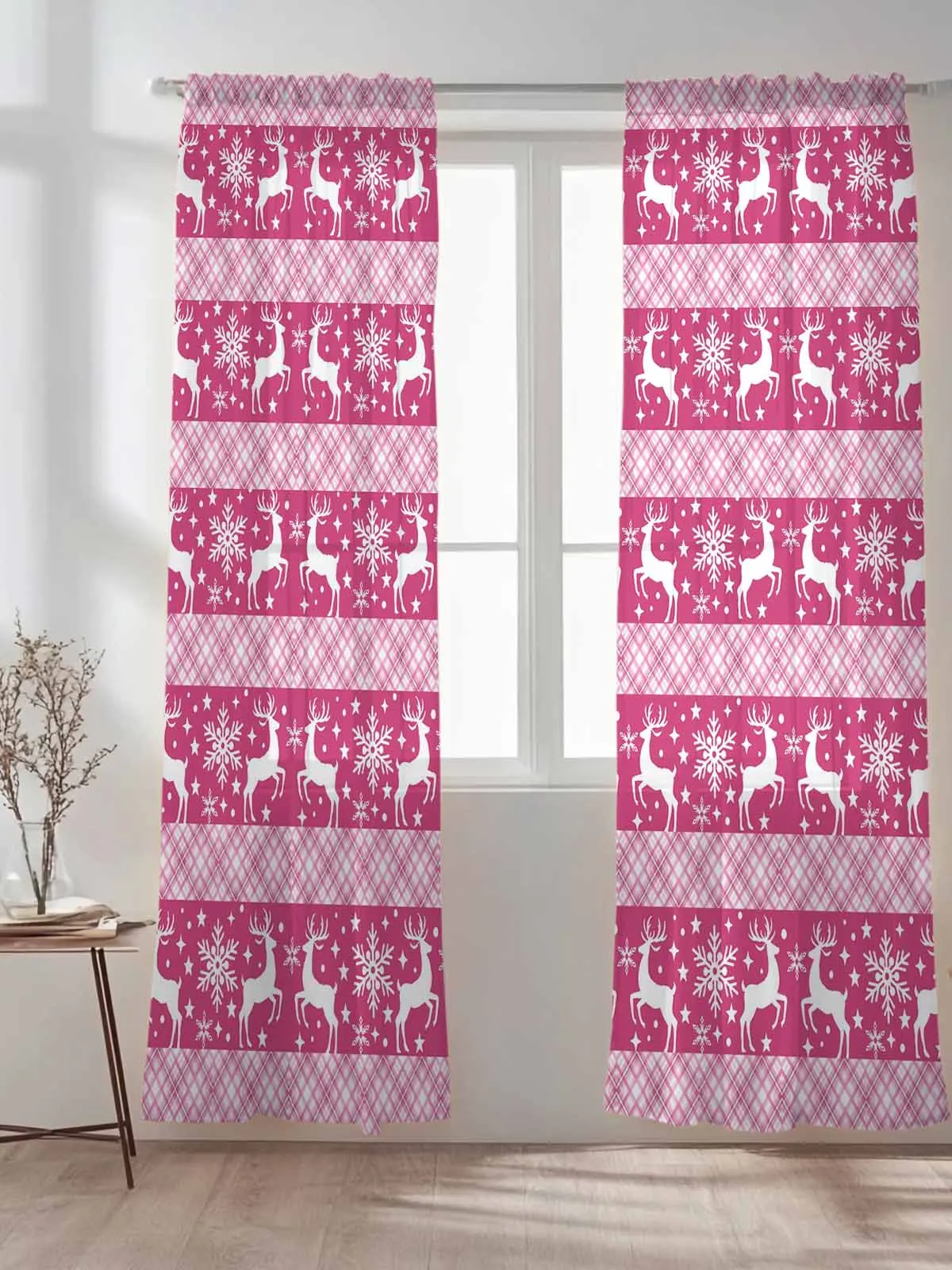 

Christmas Pink Plaid Deer Snowflake Tulle Sheer Curtains for Living Room Bedroom Kitchen Decoration Voile Organza Curtains