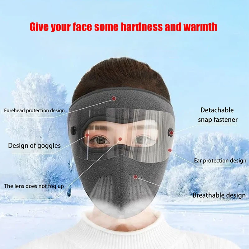 Winter Unisex Face Warm Mask With HD Goggles Windproof Thick Cycling Cap Outdoor Sports Motorcycling Breathable Shield Caps