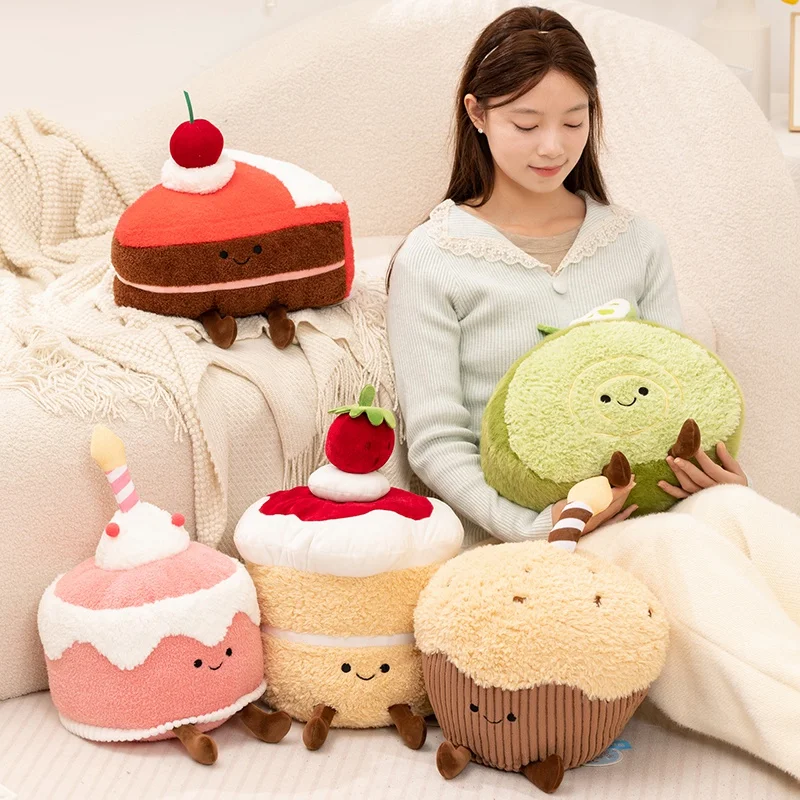 

35cm Kawaii Plush Cake Dessert Pillow Swiss Roll Triangle Mousse Cute Food Plushie with Legs Happy Face Emotion Cushion Gift