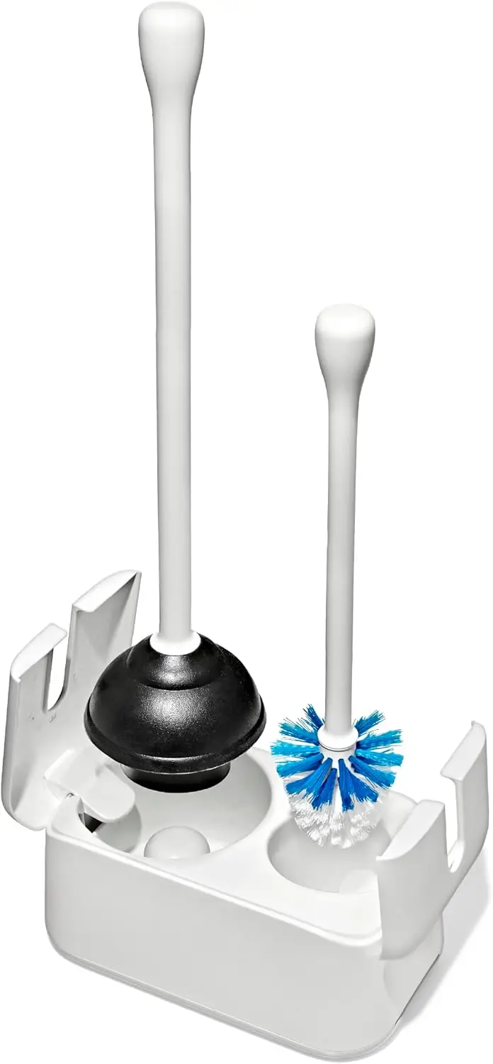 Good Grips Toilet Brush & Plunger Set | Two Bathroom Essentials in one Space-Saving Canister | Toilet Bowl Cleaner and Plunger with Holder, Perfect for Small bathrooms