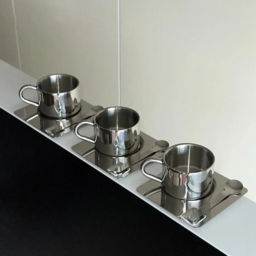 Minimalist 304 Stainless Steel Coffee Mug INS Mug 3pcs Set Heat Resistant Milk Cup with Saucer Spoon Placemat Tableware Set