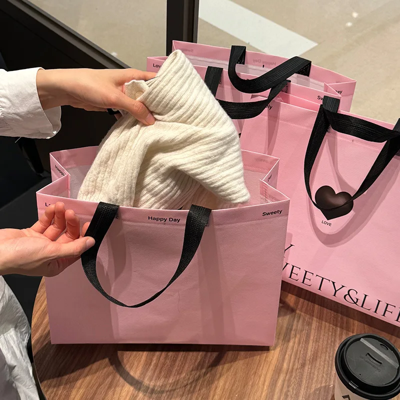 15pcs Pink Heart-shaped Non-woven Fabric Clothing Packing Handbag Thick Gift Packaging Shopping Bag Simple Clothing Store Bag