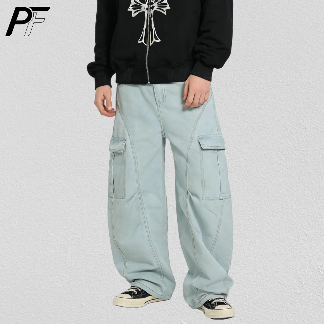 

Multi Pocket Cargo Denim Jeans Y2K American Style Wide Leg Light Wash Loose Fit High Waist Casual Streetwear Unisex Trousers