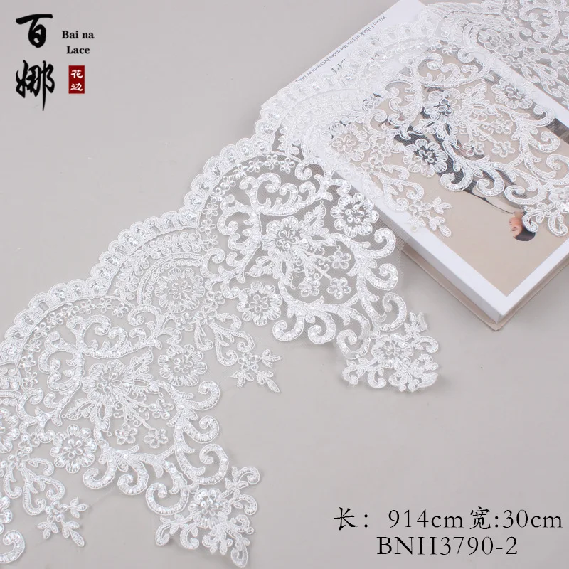 1Yard 25cm Wide Gold Ivory Sequins Edge Polyester Embroidery Lace Trim for Bridal Wedding Gown Costume Design Lace Ribbon