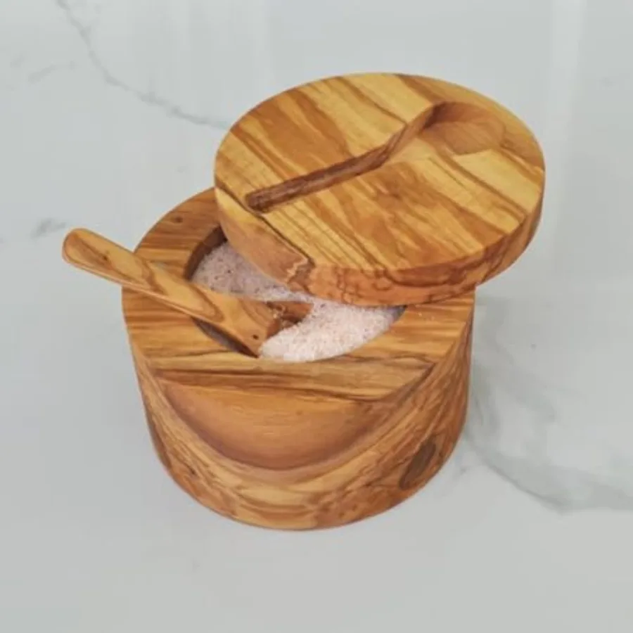 

Olive Wood Salt Cellar with Inset Spoon. Magnetic, swivel lid. Spoon is held by a magnet on lid. Salt cellar, salt pot, salt ke