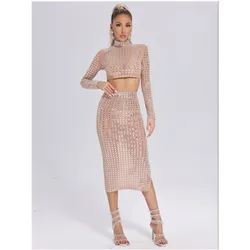 HotWife High Street Studded Outfits Spring Autumn Long Sleeve Turtleneck Crop Tops And Skirts Elastic Bodycon Evening Club Sets