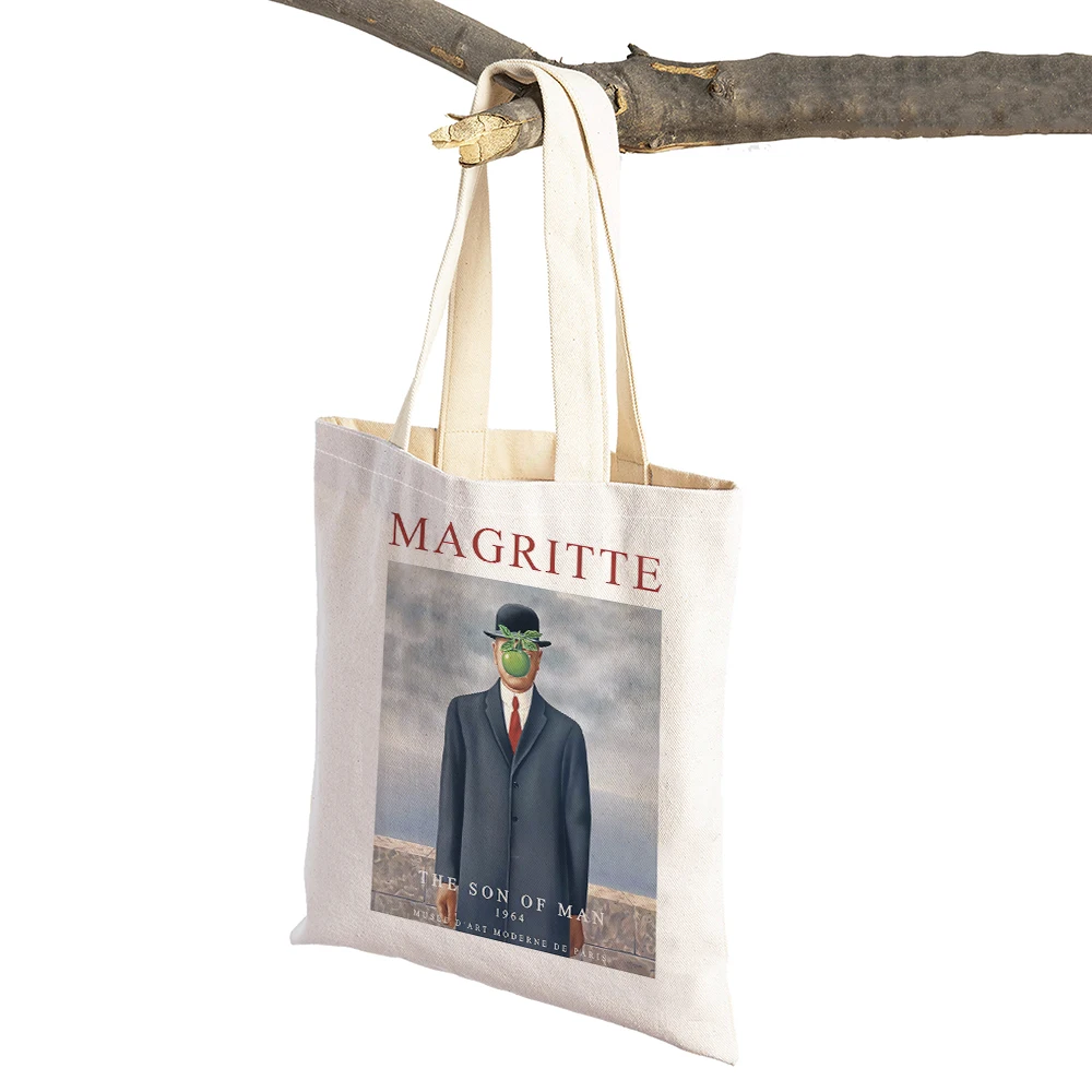 Magritte The Lovers Eye Pigeon Surrealism Lady Shopping Bag Double Print Travel Tote Handbag Casual Linen Women Shopper Bags