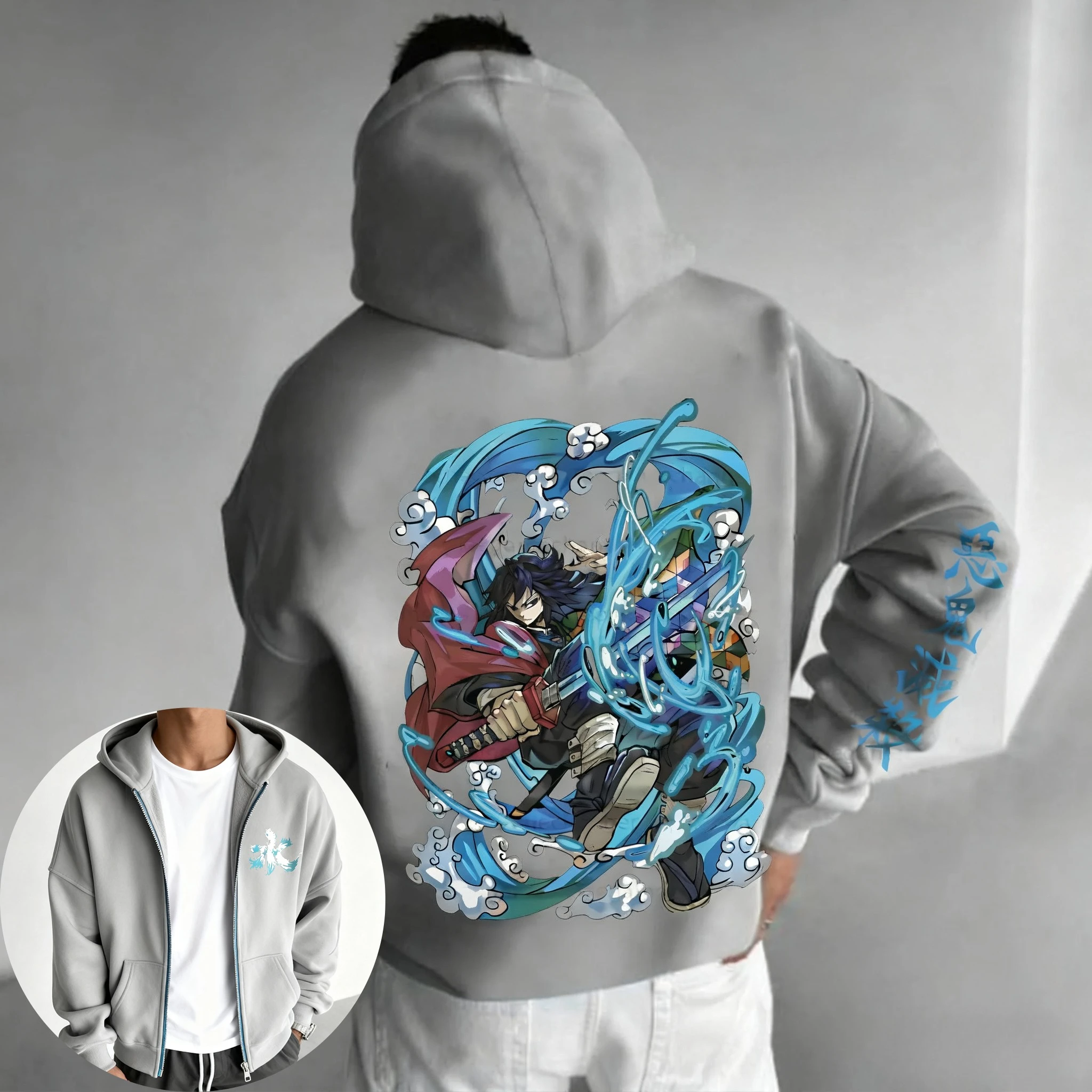 

Demon Slayer Tomioka Giyuu Anime Printed Zipper Hoodie 2025 Men's Autumn/Winter New Japanese Harajuku Versatile Casual Loose Top
